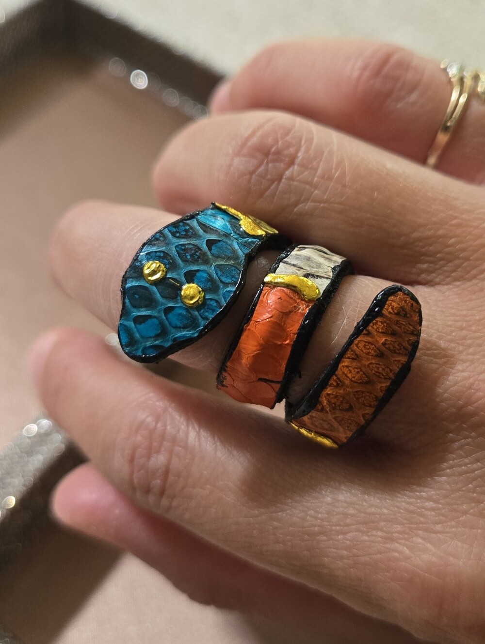 Hand Painted Leather Snake Wrap Ring - Picture 2 of 7